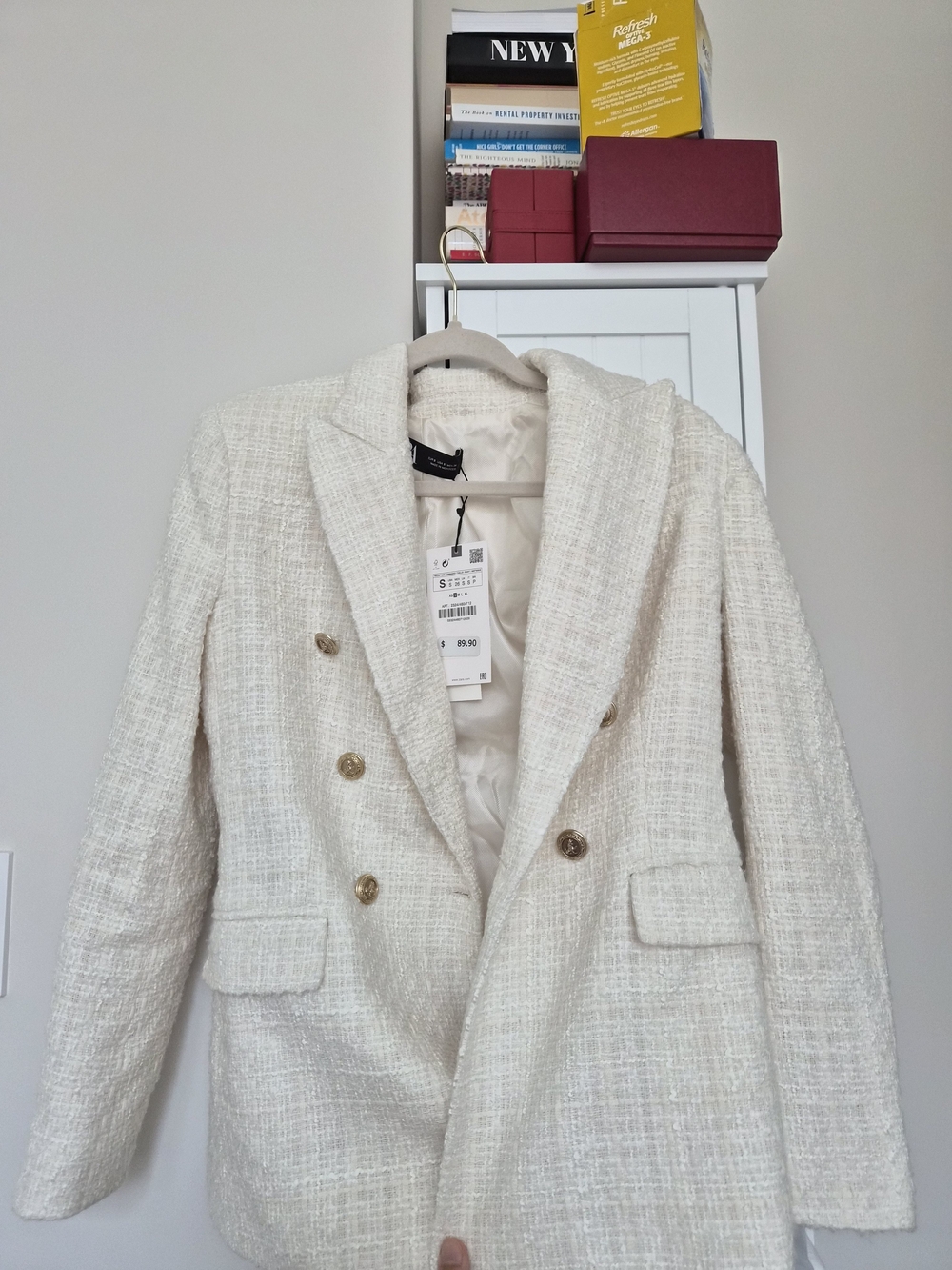 Nwt Zara Cream Textured Double-Breasted Blazer with Gold Buttons Us S